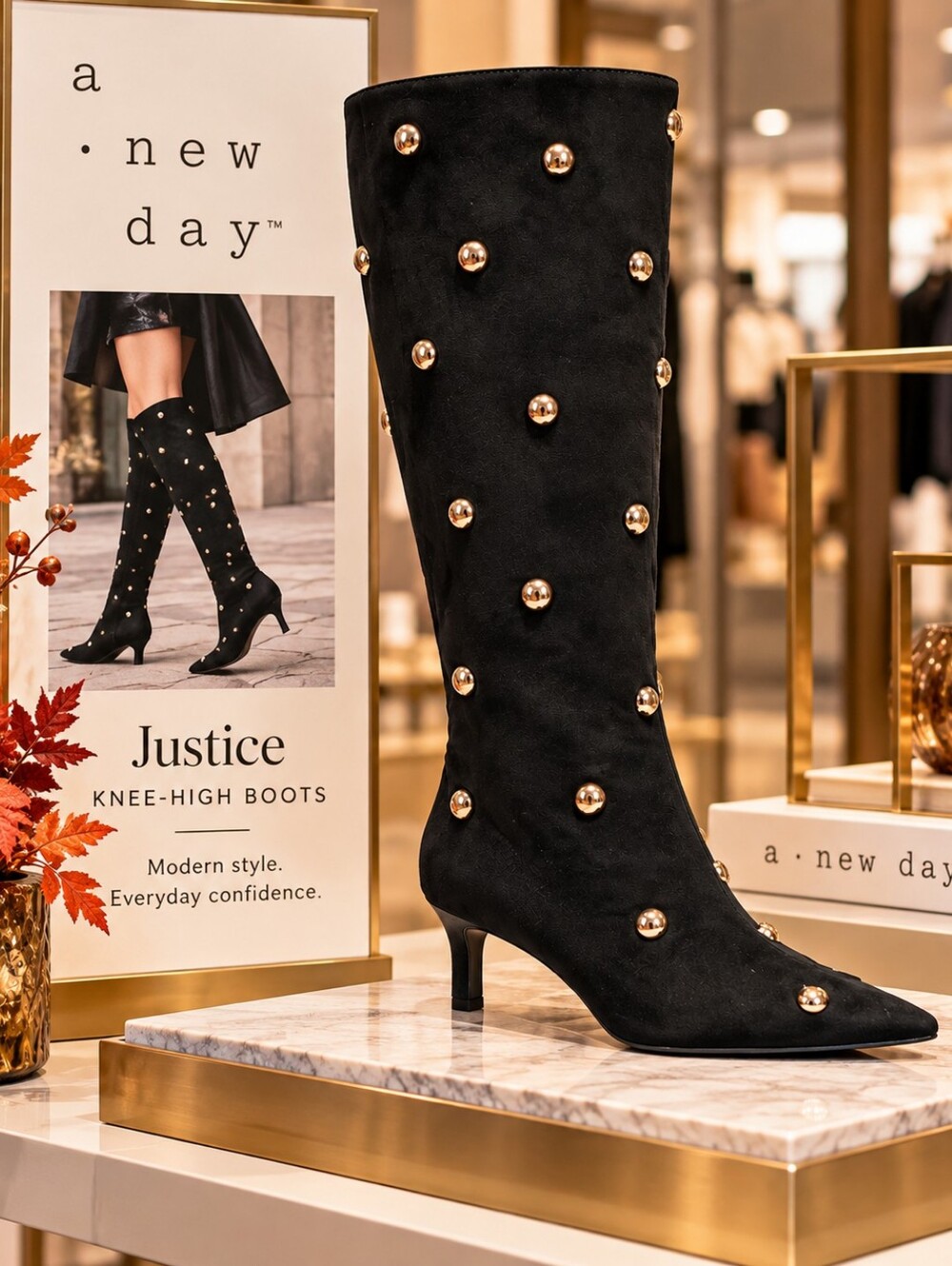 a new day Black Knee-High Boots with Gold Studs